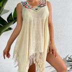 Holiday Crochet Block Stitching Irregular Asymmetric Tassel Hollow Out Cutout Beach Bikini Cover Up Dress
