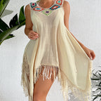 Holiday Crochet Block Stitching Irregular Asymmetric Tassel Hollow Out Cutout Beach Bikini Cover Up Dress