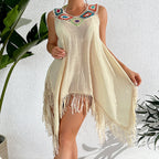 Holiday Crochet Block Stitching Irregular Asymmetric Tassel Hollow Out Cutout Beach Bikini Cover Up Dress