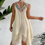 Holiday Crochet Block Stitching Irregular Asymmetric Tassel Hollow Out Cutout Beach Bikini Cover Up Dress