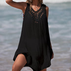 Holiday Hand Crocheting Stitching Color Ball Ruffle V Neck Pullover Hollow Out Cutout Beach Beach Cover Up Dress