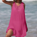 Holiday Hand Crocheting Stitching Color Ball Ruffle V Neck Pullover Hollow Out Cutout Beach Beach Cover Up Dress