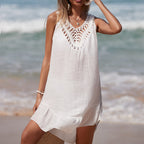 Holiday Hand Crocheting Stitching Color Ball Ruffle V Neck Pullover Hollow Out Cutout Beach Beach Cover Up Dress