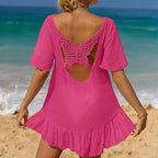 Arrival Vacation Solid Color Hand Crocheting Butterfly Stitching Wooden Ear Loose Beach Sun Protection Sexy Beach Cover-up