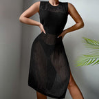 Beach Vacation Sexy Solid Color round Neck Woven Texture Split Beach Sun Protection Blouse Dress Crochet hook