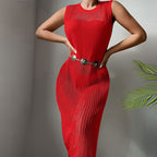 Beach Vacation Sexy Solid Color round Neck Woven Texture Split Beach Sun Protection Blouse Dress Crochet hook