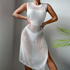 Beach Vacation Sexy Solid Color round Neck Woven Texture Split Beach Sun Protection Blouse Dress Crochet hook
