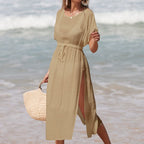Vacation Solid Color round Neck Waist Trimming High Slit Sunscreen Sexy See through Bikini Smock Dress