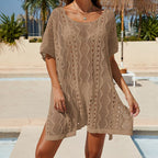 Women Summer Vacation Sexy Cutout Texture Deep V Plunge Loose Pullover Bikini Sun Protection Beach Cover up Clothes Crochet hook