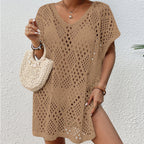 Women Wear Hollow Out Cutout Woven Loose Mid Length Beach Cover up Vacation Beach Sun Protection Shirt Crochet hook