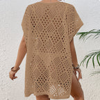 Women Wear Hollow Out Cutout Woven Loose Mid Length Beach Cover up Vacation Beach Sun Protection Shirt Crochet hook