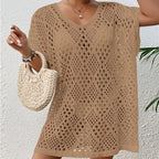 Women Wear Hollow Out Cutout Woven Loose Mid Length Beach Cover up Vacation Beach Sun Protection Shirt Crochet hook