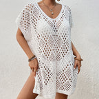 Women Wear Hollow Out Cutout Woven Loose Mid Length Beach Cover up Vacation Beach Sun Protection Shirt Crochet hook