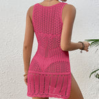 Women Clothing Short Chic Round Neck Hollow Out Cutout out See through Camisole Sexy Short Dress Beach Dress Crochet hook