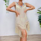Holiday Stitching Color Crochet Tassel V neck Pullover Hollow Out Cutout out See through Beach Beach Cover Up Dress Crochet hook