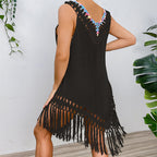 Holiday Stitching Color Crochet Tassel V neck Pullover Hollow Out Cutout out See through Beach Beach Cover Up Dress Crochet hook
