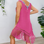 Holiday Stitching Color Crochet Tassel V neck Pullover Hollow Out Cutout out See through Beach Beach Cover Up Dress Crochet hook