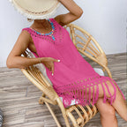 Holiday Stitching Color Crochet Tassel V neck Pullover Hollow Out Cutout out See through Beach Beach Cover Up Dress Crochet hook