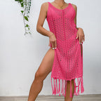 Vacation Sexy Solid Color Spaghetti Straps Knitted High Slit Hollow Out Cutout Tassel Dress Beach Sun Protection Blouse Crochet hook