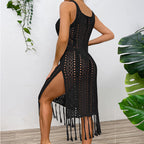 Vacation Sexy Solid Color Spaghetti Straps Knitted High Slit Hollow Out Cutout Tassel Dress Beach Sun Protection Blouse Crochet hook