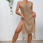 Vacation Sexy Solid Color Spaghetti Straps Knitted High Slit Hollow Out Cutout Tassel Dress Beach Sun Protection Blouse Crochet hook