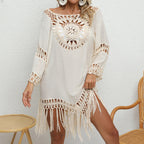 Holiday Crochet Solid Color Stitching Long Sleeve Beach Tassel Sun-Proof Sexy Cutout See through Smock Dress