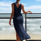 Women Clothing Travel Vacation Sexy V-neck Solid Color Breathable Long Dress Beach Sun Shield Crochet hook