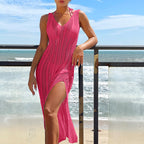 Women Clothing Travel Vacation Sexy V-neck Solid Color Breathable Long Dress Beach Sun Shield Crochet hook