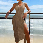 Women Clothing Travel Vacation Sexy V-neck Solid Color Breathable Long Dress Beach Sun Shield Crochet hook