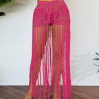 Vacation Sun Protection Hand Crocheting Lace up Beach Overskirt Hand Crocheting Hollow Out Cutout Long Fringe Skirt Crochet hook