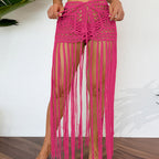 Vacation Sun Protection Hand Crocheting Lace up Beach Overskirt Hand Crocheting Hollow Out Cutout Long Fringe Skirt Crochet hook