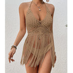 Arrival Beach Vacation Sexy Hand Crocheting Woven Lace up Cutout Long Fringe Beach Cover Up Short Top Crochet hook