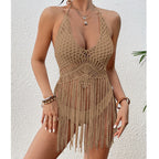 Arrival Beach Vacation Sexy Hand Crocheting Woven Lace up Cutout Long Fringe Beach Cover Up Short Top Crochet hook