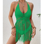 Arrival Beach Vacation Sexy Hand Crocheting Woven Lace up Cutout Long Fringe Beach Cover Up Short Top Crochet hook