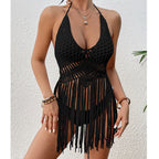Arrival Beach Vacation Sexy Hand Crocheting Woven Lace up Cutout Long Fringe Beach Cover Up Short Top Crochet hook