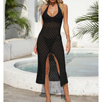 Holiday Dress Sexy Halter Solid Color Breathable Front Slit Maxi Dress Beach Sun Shield Dress Crochet hook