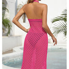 Holiday Dress Sexy Halter Solid Color Breathable Front Slit Maxi Dress Beach Sun Shield Dress Crochet hook