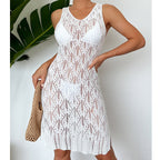 Women Mid Length Sexy Cutout Solid Color Vest Dress Side Slit Beach Dress Crochet hook