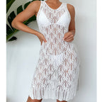 Women Mid Length Sexy Cutout Solid Color Vest Dress Side Slit Beach Dress Crochet hook