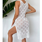 Women Mid Length Sexy Cutout Solid Color Vest Dress Side Slit Beach Dress Crochet hook