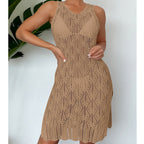 Women Mid Length Sexy Cutout Solid Color Vest Dress Side Slit Beach Dress Crochet hook