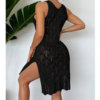 Women Mid Length Sexy Cutout Solid Color Vest Dress Side Slit Beach Dress Crochet hook