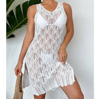 Women Mid Length Sexy Cutout Solid Color Vest Dress Side Slit Beach Dress Crochet hook
