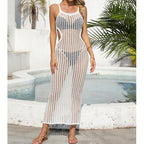 Sexy Hollow Out Cutout Waist Long Solid Color Breathable Sling Maxi Dress Beach Sun Shield Dress Crochet hook