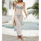 Sexy Hollow Out Cutout Waist Long Solid Color Breathable Sling Maxi Dress Beach Sun Shield Dress Crochet hook
