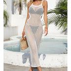 Sexy Hollow Out Cutout Waist Long Solid Color Breathable Sling Maxi Dress Beach Sun Shield Dress Crochet hook