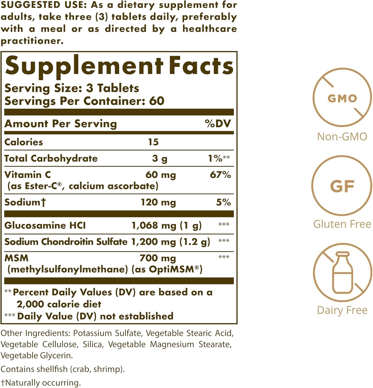Solgar Extra Strength Glucosamine Chondroitin MSM with Ester-C, 180 Tablets (60 Servings)