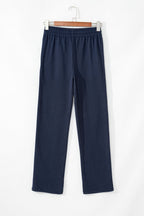 Navy Blue Solid Color Fleece Lined Drawstring Waist Casual Pants