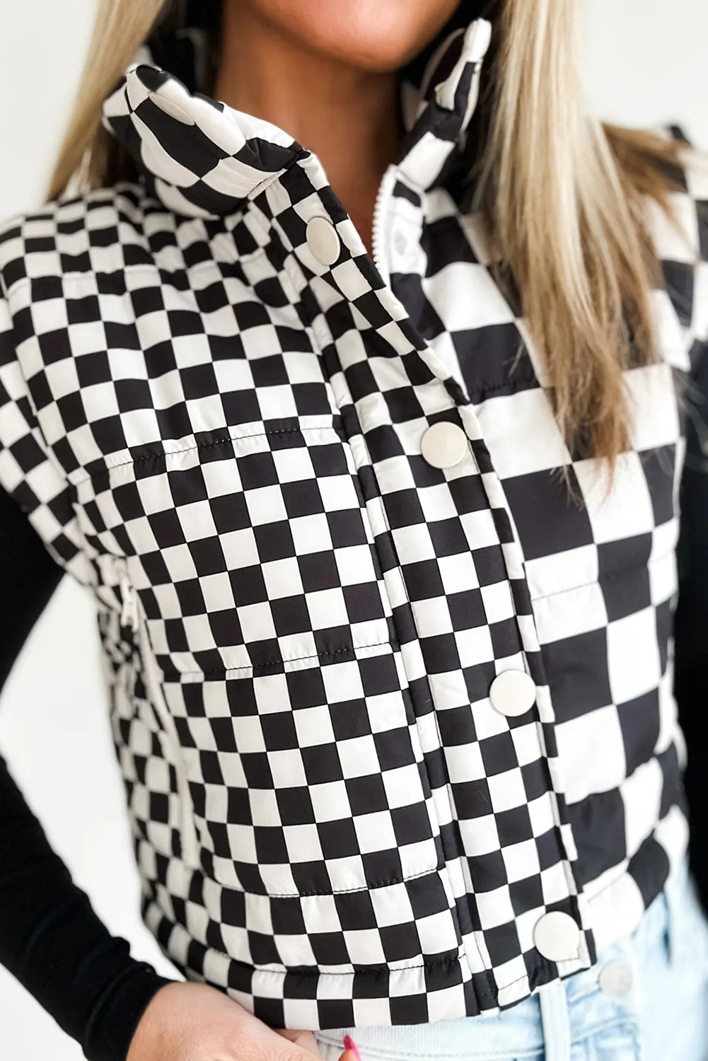 Black Double Checked Stand Collar Cropped Puffer Vest