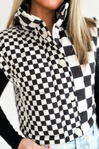 Black Double Checked Stand Collar Cropped Puffer Vest